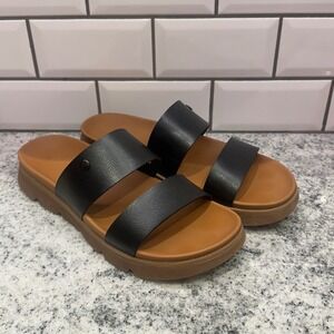 Reef Black and Tan Double Strap Slide Sandals